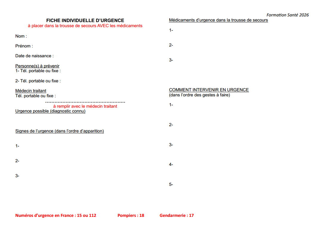 Fiche individuelle d'urgence